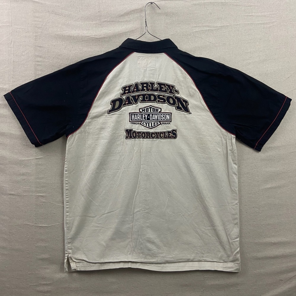 Harley-Davidson Button Up‎ Shirt Mens Large Cream Black Embroidered Colorblock